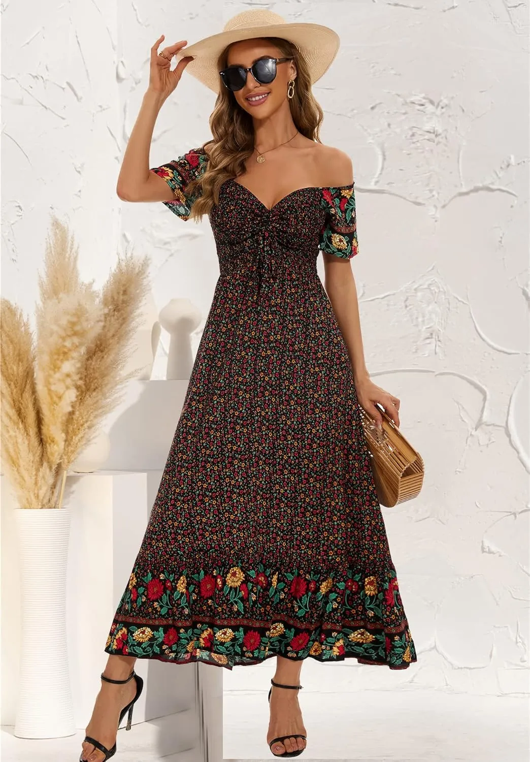 Women's Summer Floral Maxi Dress Casual Short Sleeve Flowy Boho Beach Party Long Dress