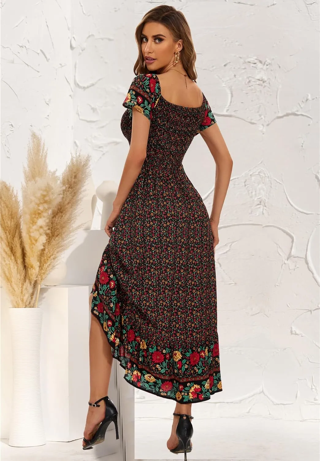 Women's Summer Floral Maxi Dress Casual Short Sleeve Flowy Boho Beach Party Long Dress