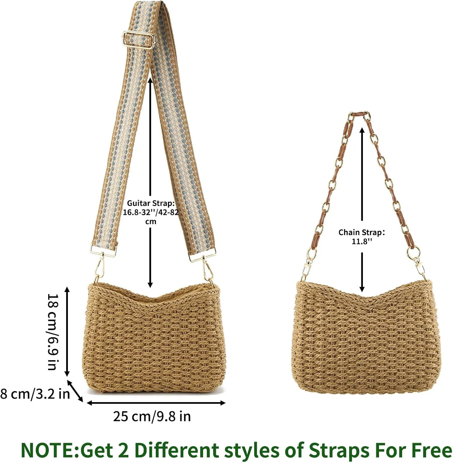 Women's Summer Straw Braided Crossbody Bag with Tassel Chain,Shoulder Straps Woven Beach Handbag Handmade Wallet Purse