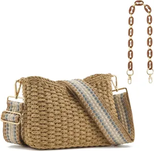 Women's Summer Straw Braided Crossbody Bag with Tassel Chain,Shoulder Straps Woven Beach Handbag Handmade Wallet Purse