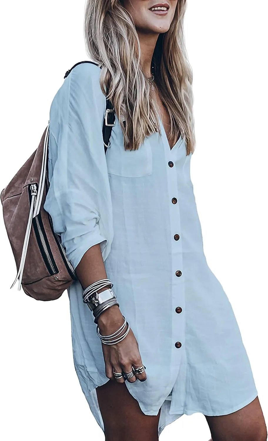 Women’s Swimsuit Cover up,Silky Button Down Shirt Midi Dress Kimono,Summer Bathing Suit Beach Coverups for Women (CP-Aline)