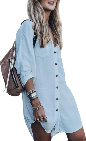 Women’s Swimsuit Cover up,Silky Button Down Shirt Midi Dress Kimono,Summer Bathing Suit Beach Coverups for Women (CP-Aline)