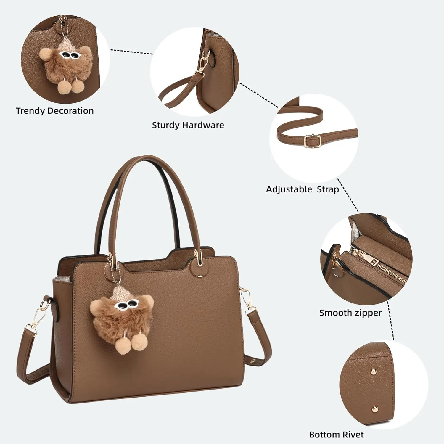 Women's Top Handle Bag Fashion Leather Handbags Purses Ladies Shoulder Bag with Pompom Satchel Purse Set 3pcs