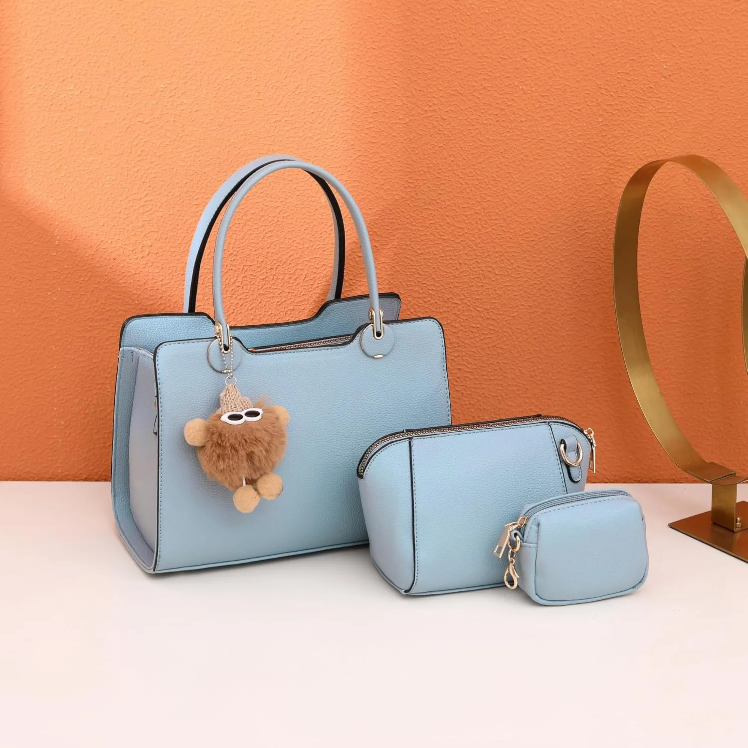 Women's Top Handle Bag Fashion Leather Handbags Purses Ladies Shoulder Bag with Pompom Satchel Purse Set 3pcs