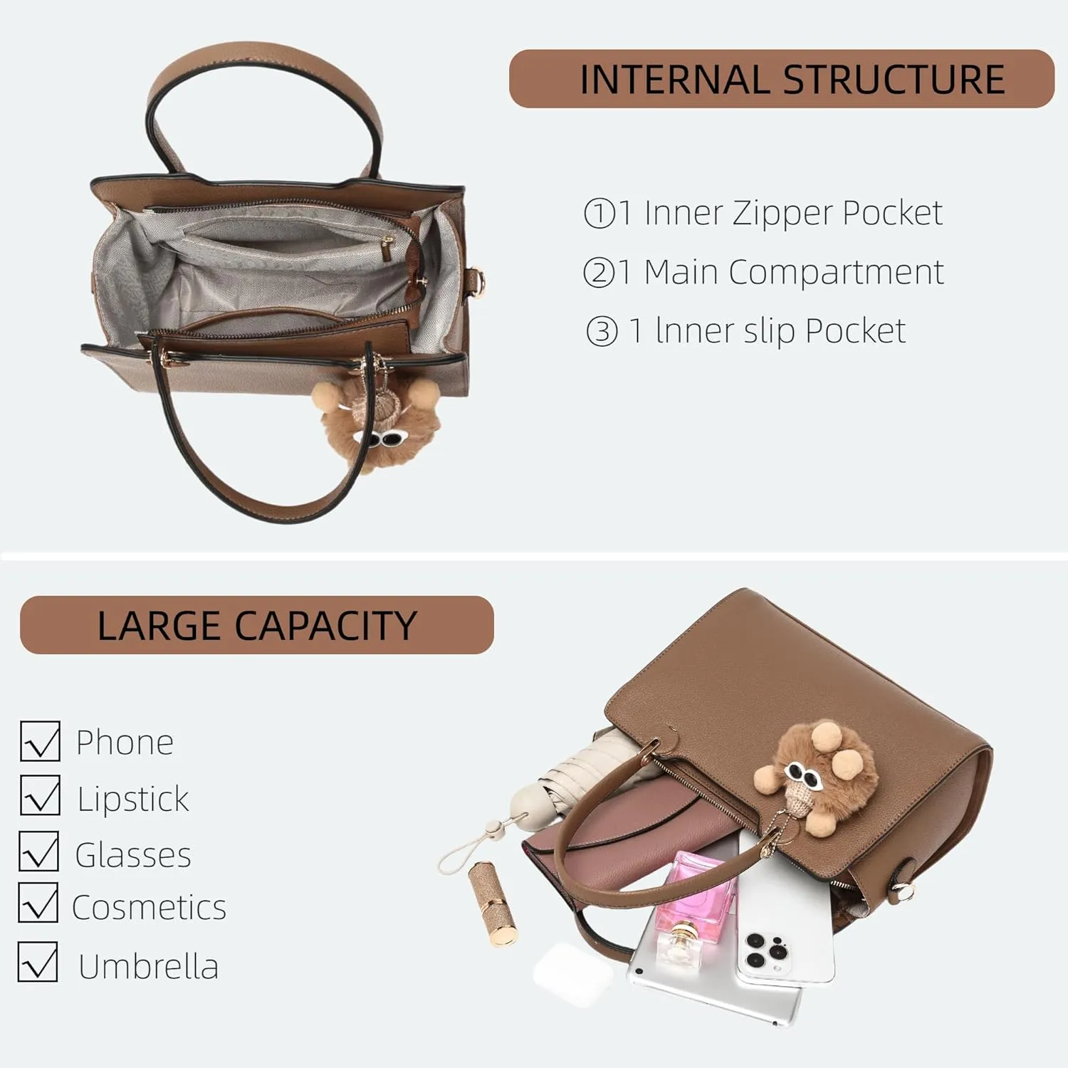 Women's Top Handle Bag Fashion Leather Handbags Purses Ladies Shoulder Bag with Pompom Satchel Purse Set 3pcs