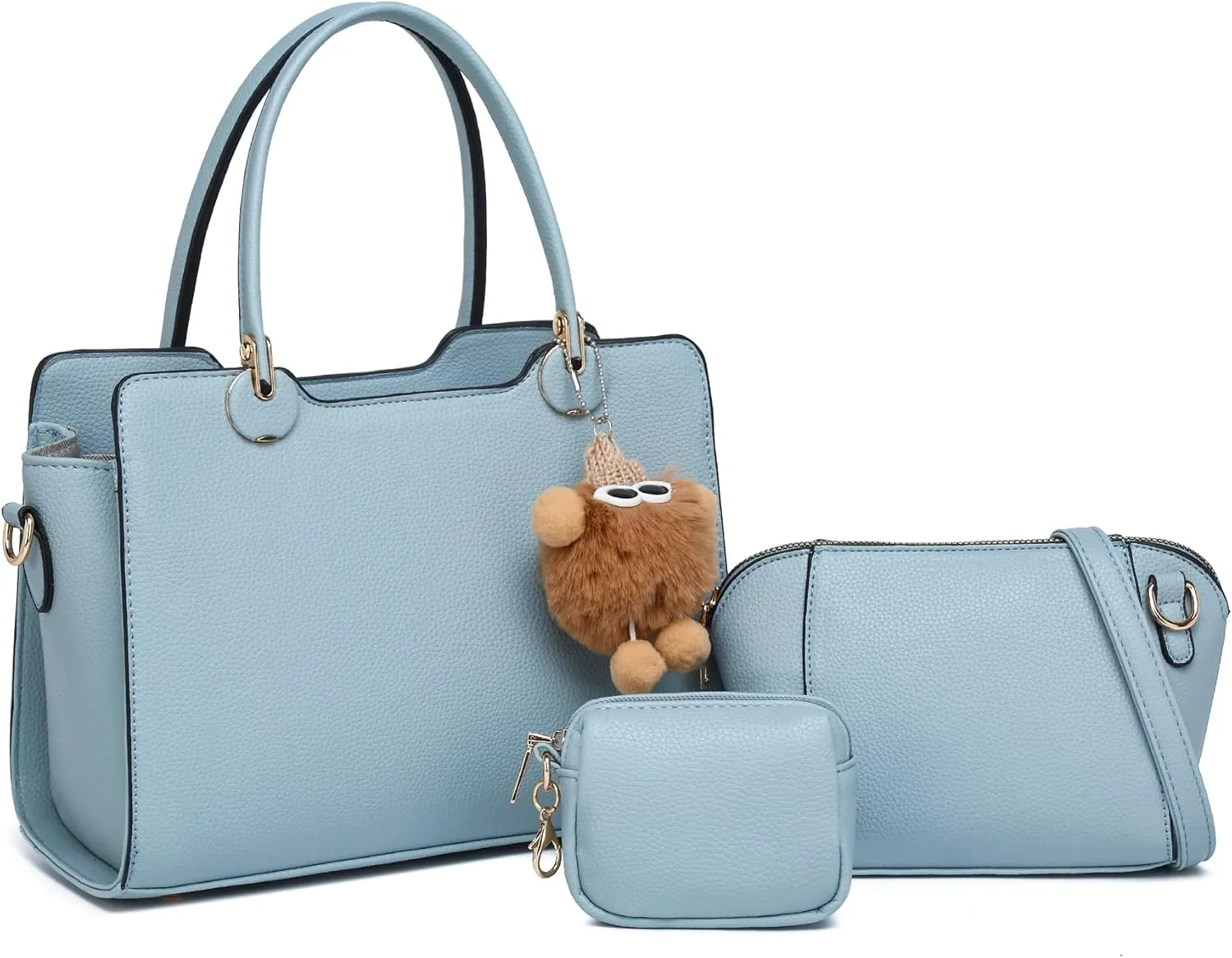 Women's Top Handle Bag Fashion Leather Handbags Purses Ladies Shoulder Bag with Pompom Satchel Purse Set 3pcs