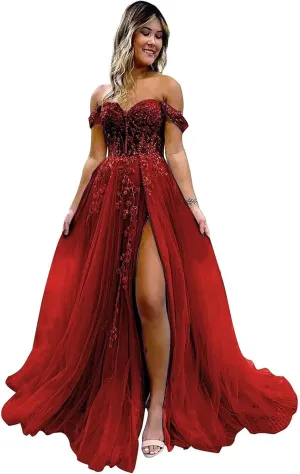 Women's Tulle Prom Dresses Lace Appliques Long Ball Gowns Strapless High Split Evening Dresses 2025