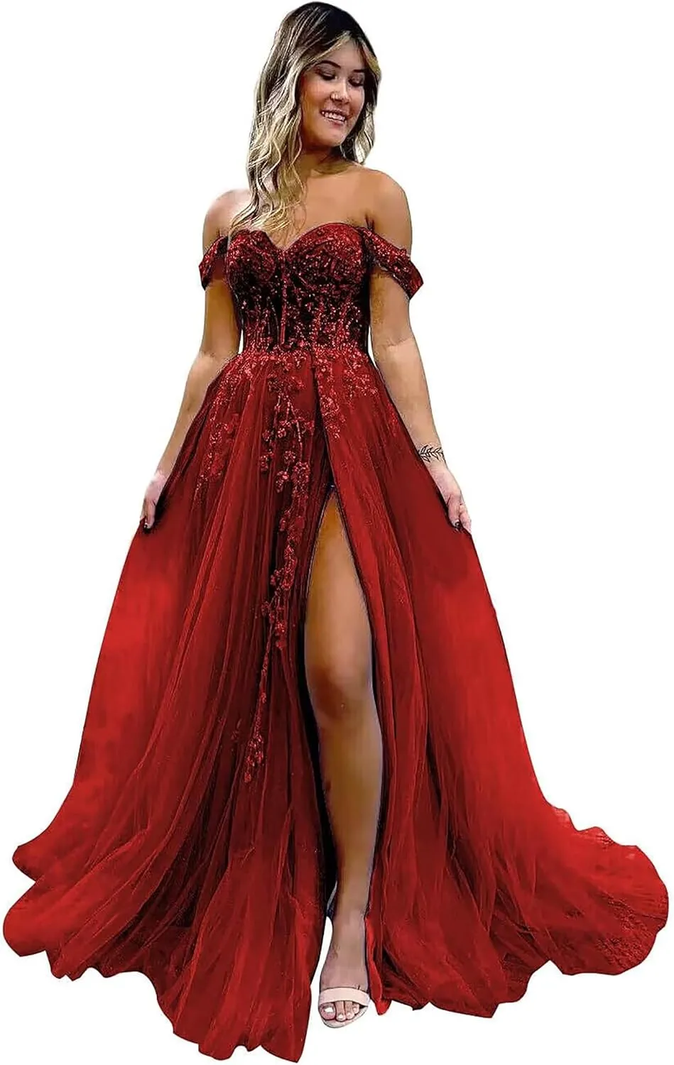 Women's Tulle Prom Dresses Lace Appliques Long Ball Gowns Strapless High Split Evening Dresses 2025