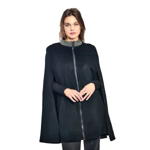 Wool Cape w. Front Zipper & Hand Embroidery Collar - Black