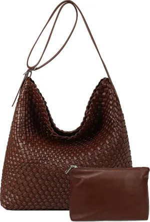 Woven Shoulder Bag for Women, Vegan Leather Tote Bag Large Summer Beach Handmade Satchel Travel Handbag