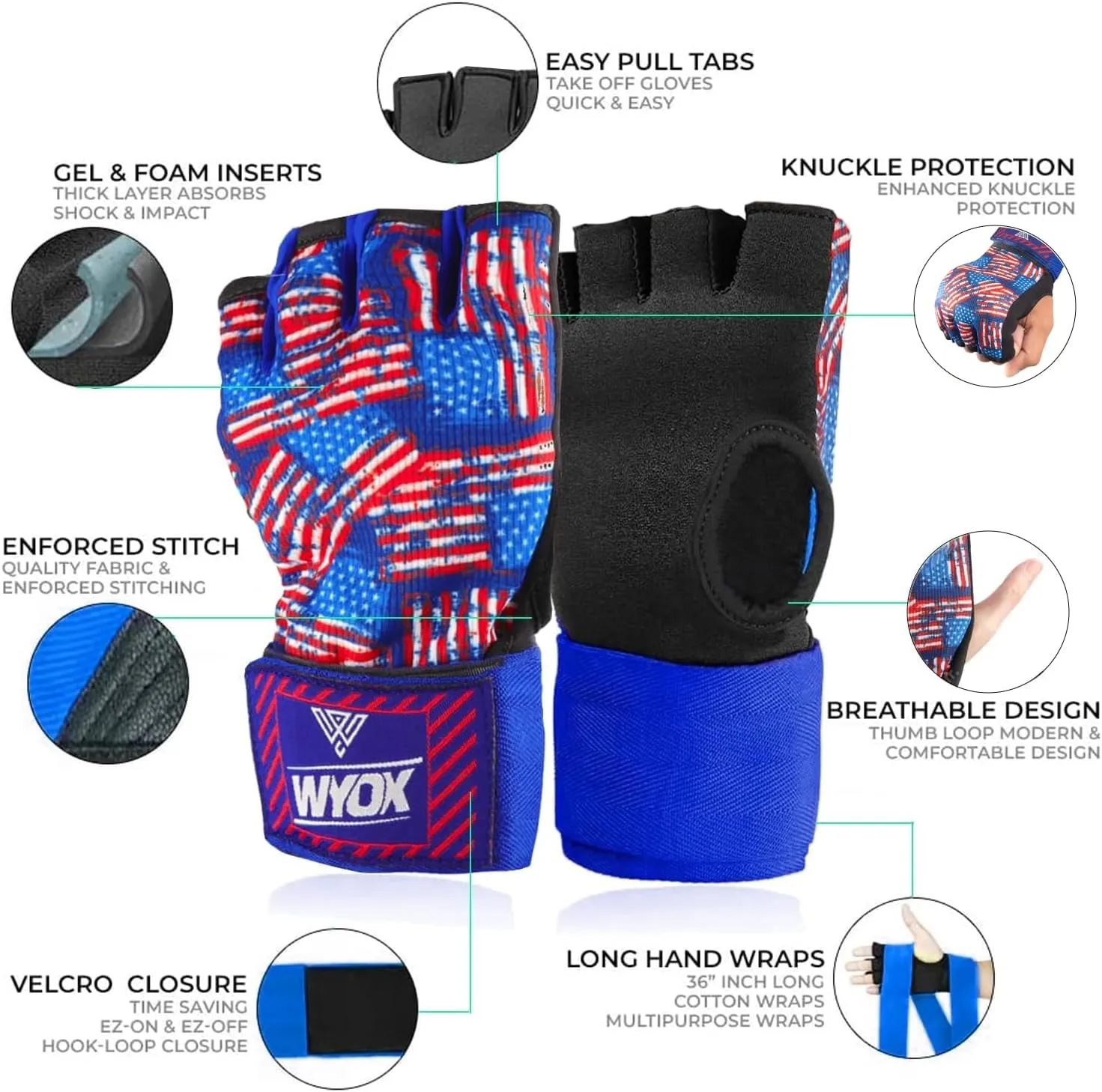 WYOX Gel Boxing Hand Wraps Inner Gloves for Men & Women, 80cm Quick Wrist Straps, Padded Knuckle Protection for Muay Thai Kickboxing, Hand Wraps for Boxing & Martial Arts