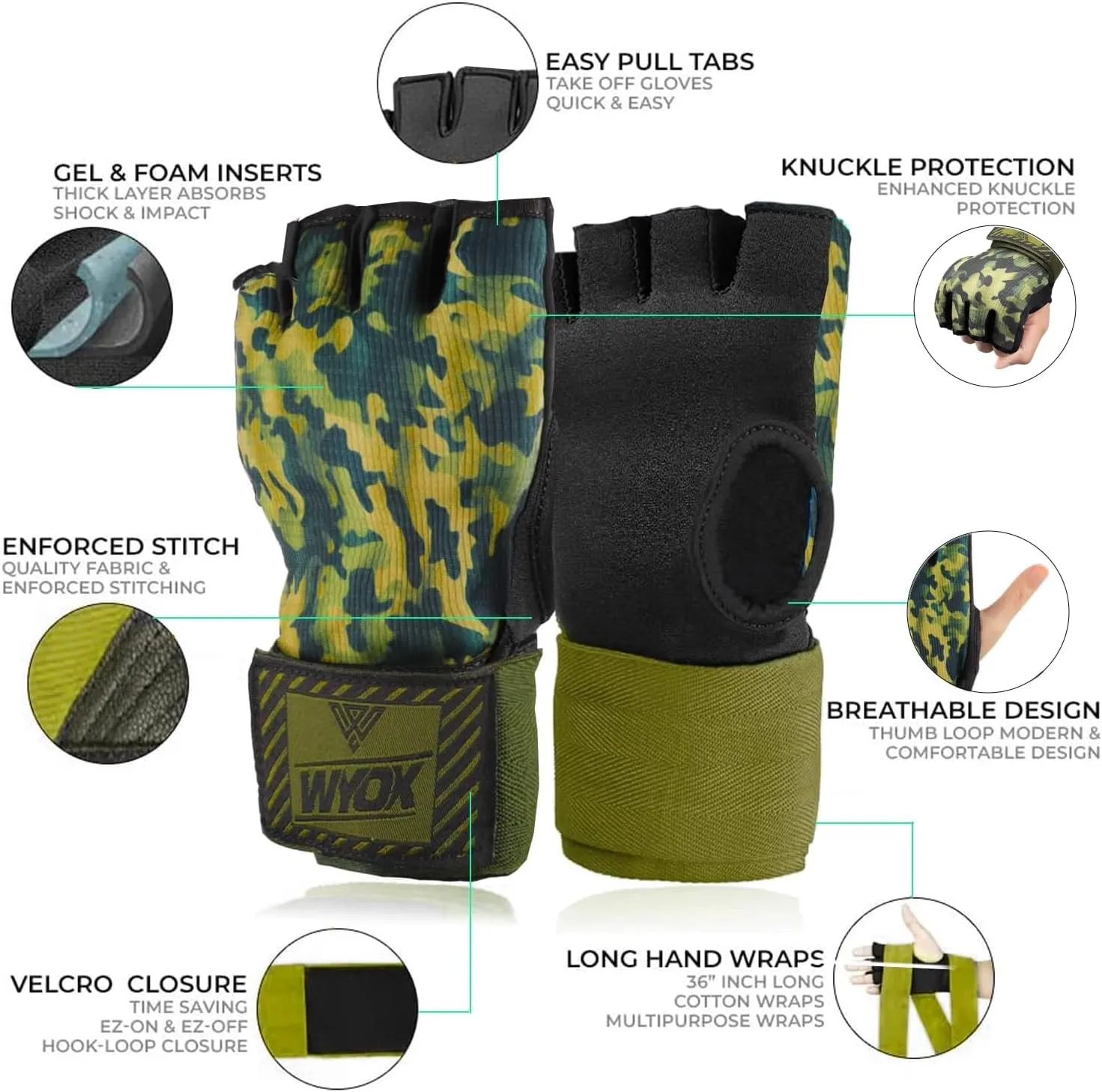 WYOX Gel Boxing Hand Wraps Inner Gloves for Men & Women, 80cm Quick Wrist Straps, Padded Knuckle Protection for Muay Thai Kickboxing, Hand Wraps for Boxing & Martial Arts