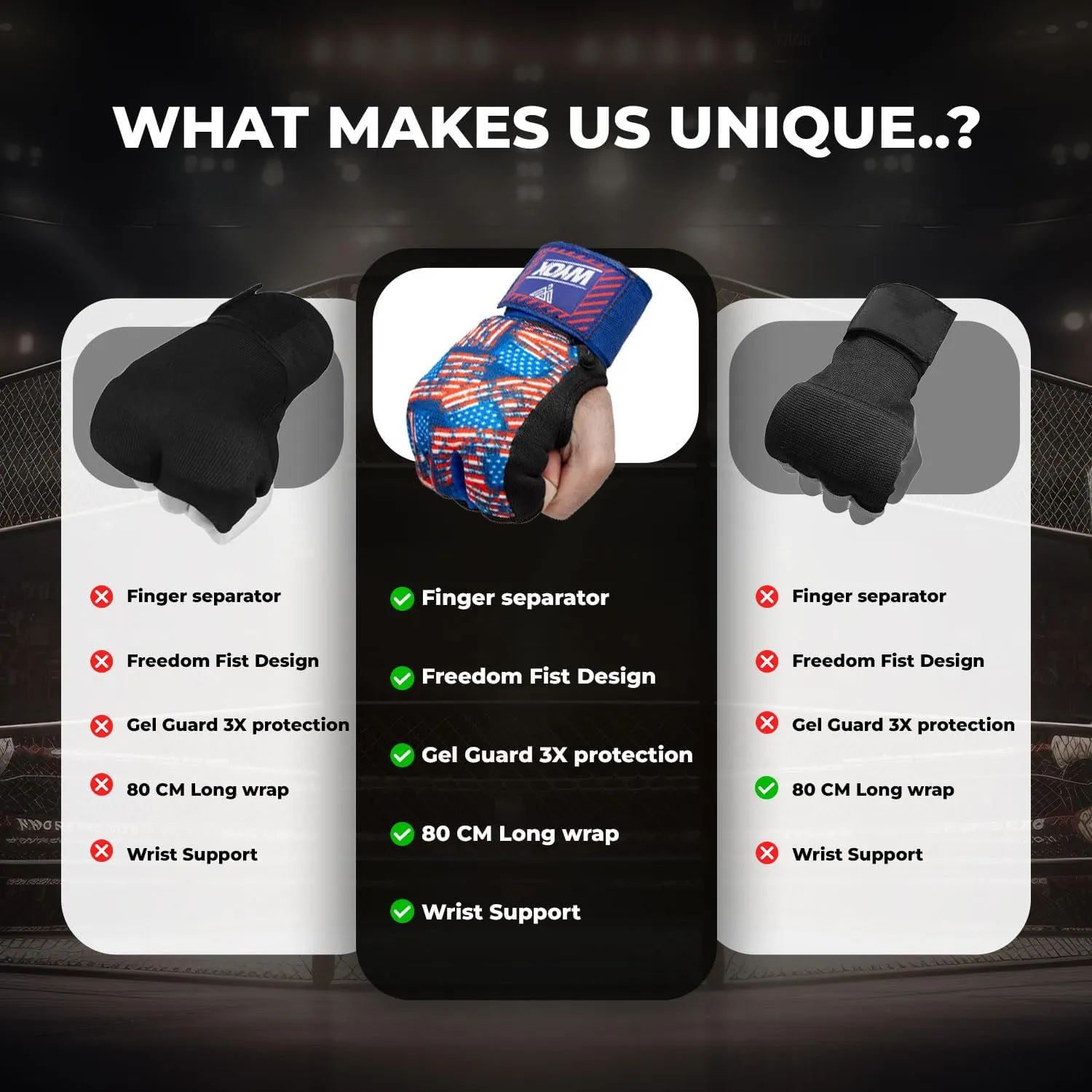 WYOX Gel Boxing Hand Wraps Inner Gloves for Men & Women, 80cm Quick Wrist Straps, Padded Knuckle Protection for Muay Thai Kickboxing, Hand Wraps for Boxing & Martial Arts
