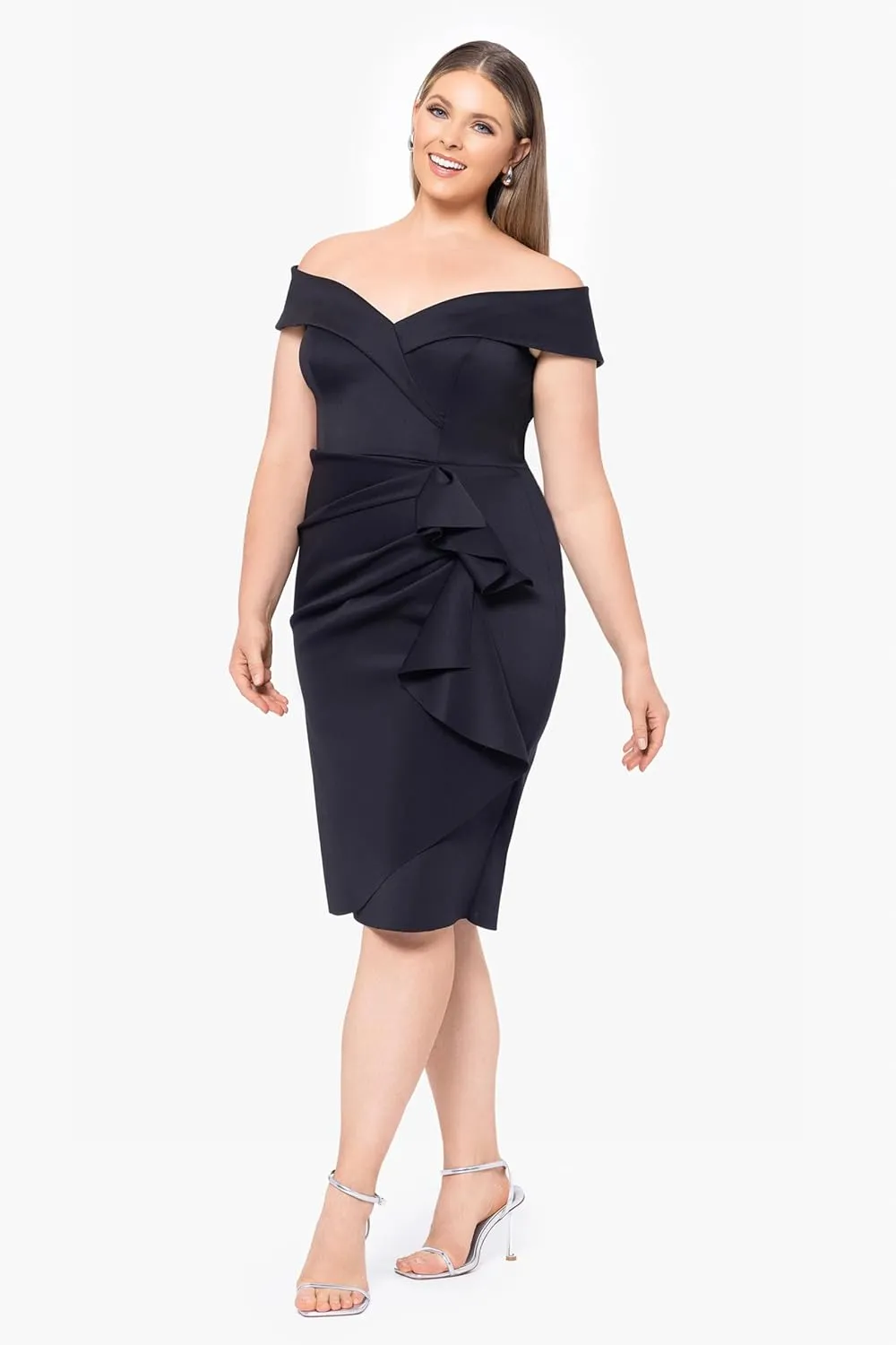 Xscape Women's Plus Short Scuba Off-The-Shoulder Ruffle Midi Dress with Center Back Zipper