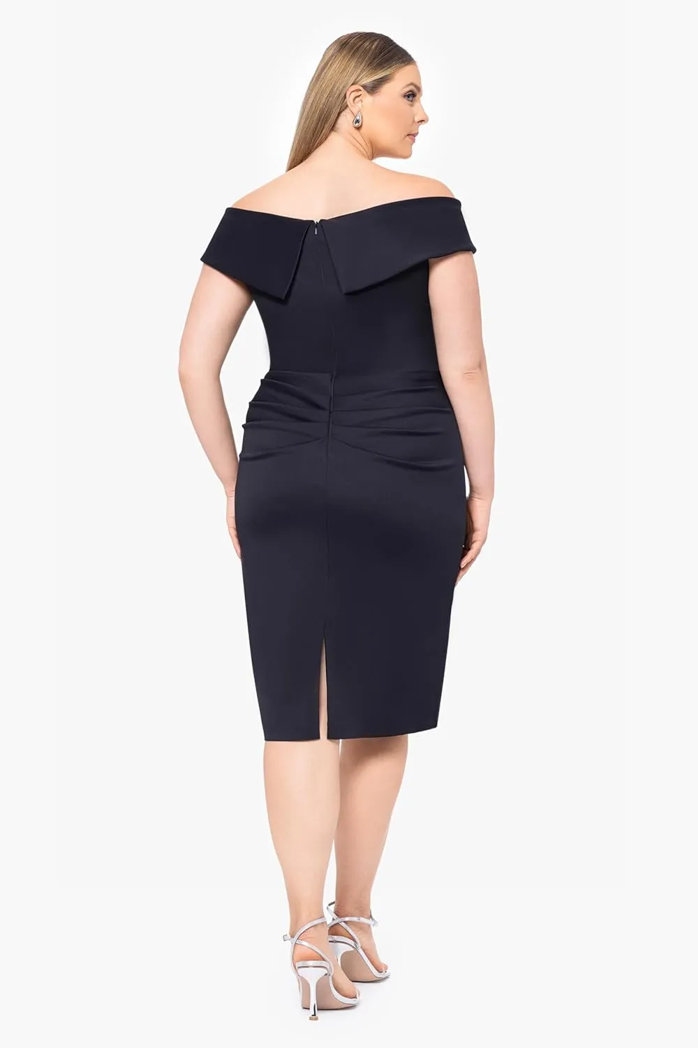Xscape Women's Plus Short Scuba Off-The-Shoulder Ruffle Midi Dress with Center Back Zipper