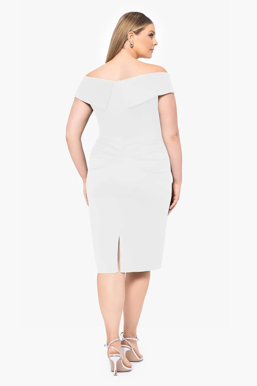 Xscape Women's Plus Short Scuba Off-The-Shoulder Ruffle Midi Dress with Center Back Zipper
