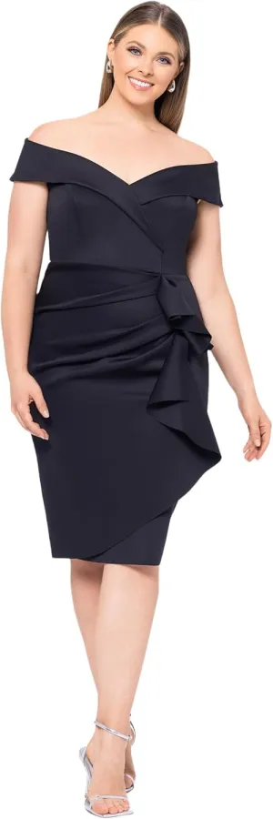 Xscape Women's Plus Short Scuba Off-The-Shoulder Ruffle Midi Dress with Center Back Zipper