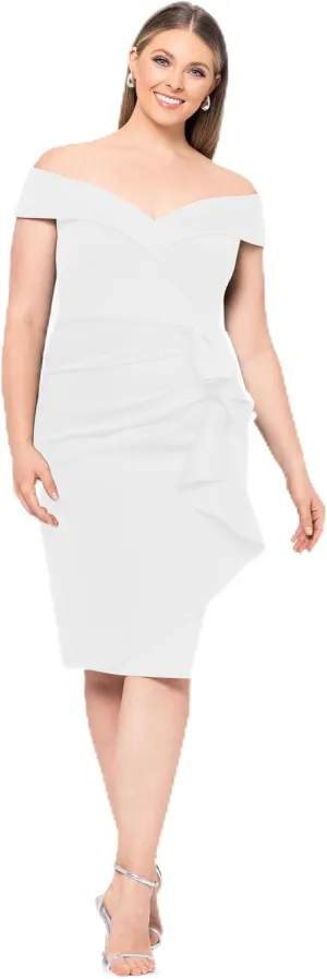 Xscape Women's Plus Short Scuba Off-The-Shoulder Ruffle Midi Dress with Center Back Zipper