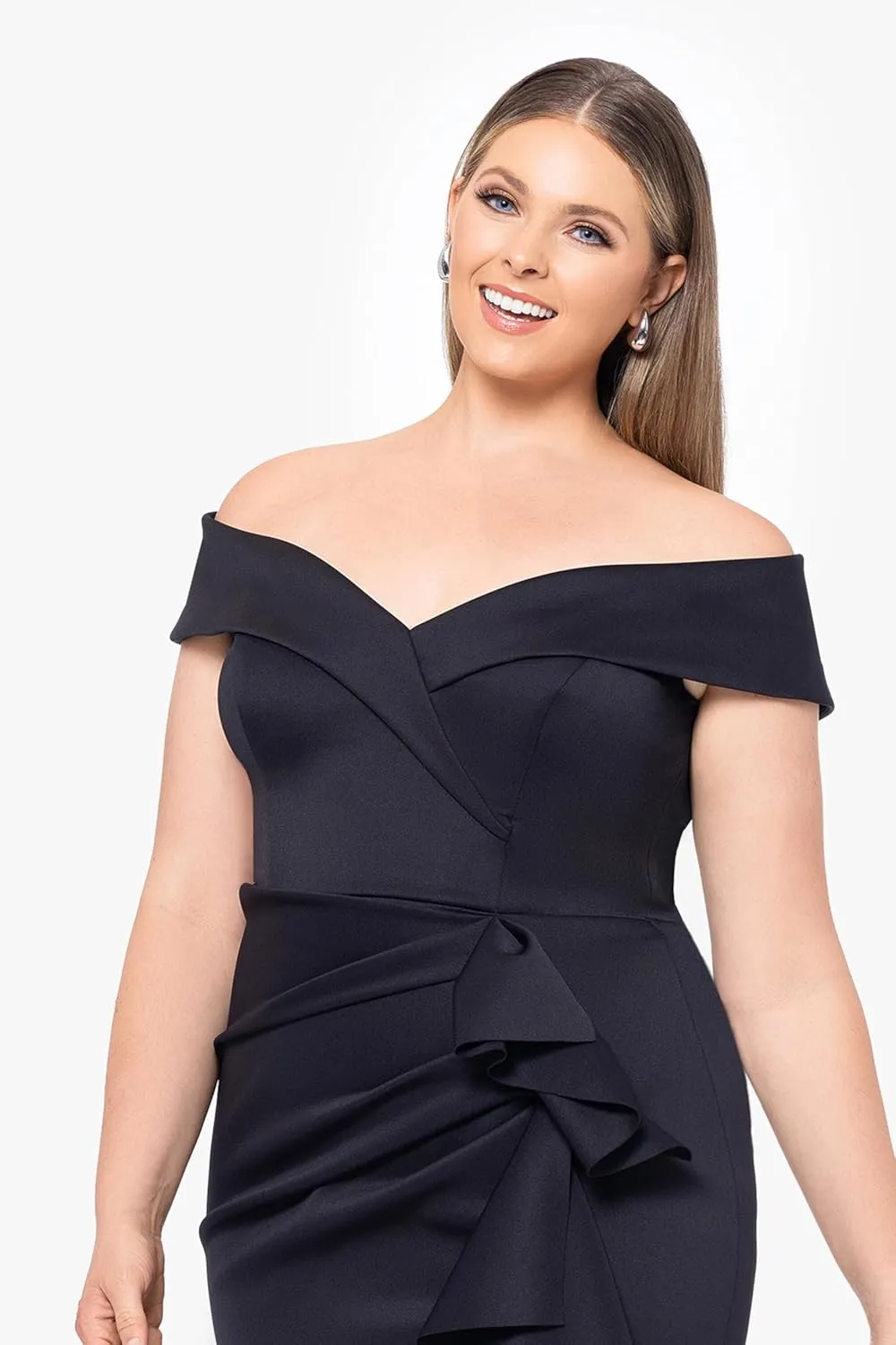 Xscape Women's Plus Short Scuba Off-The-Shoulder Ruffle Midi Dress with Center Back Zipper