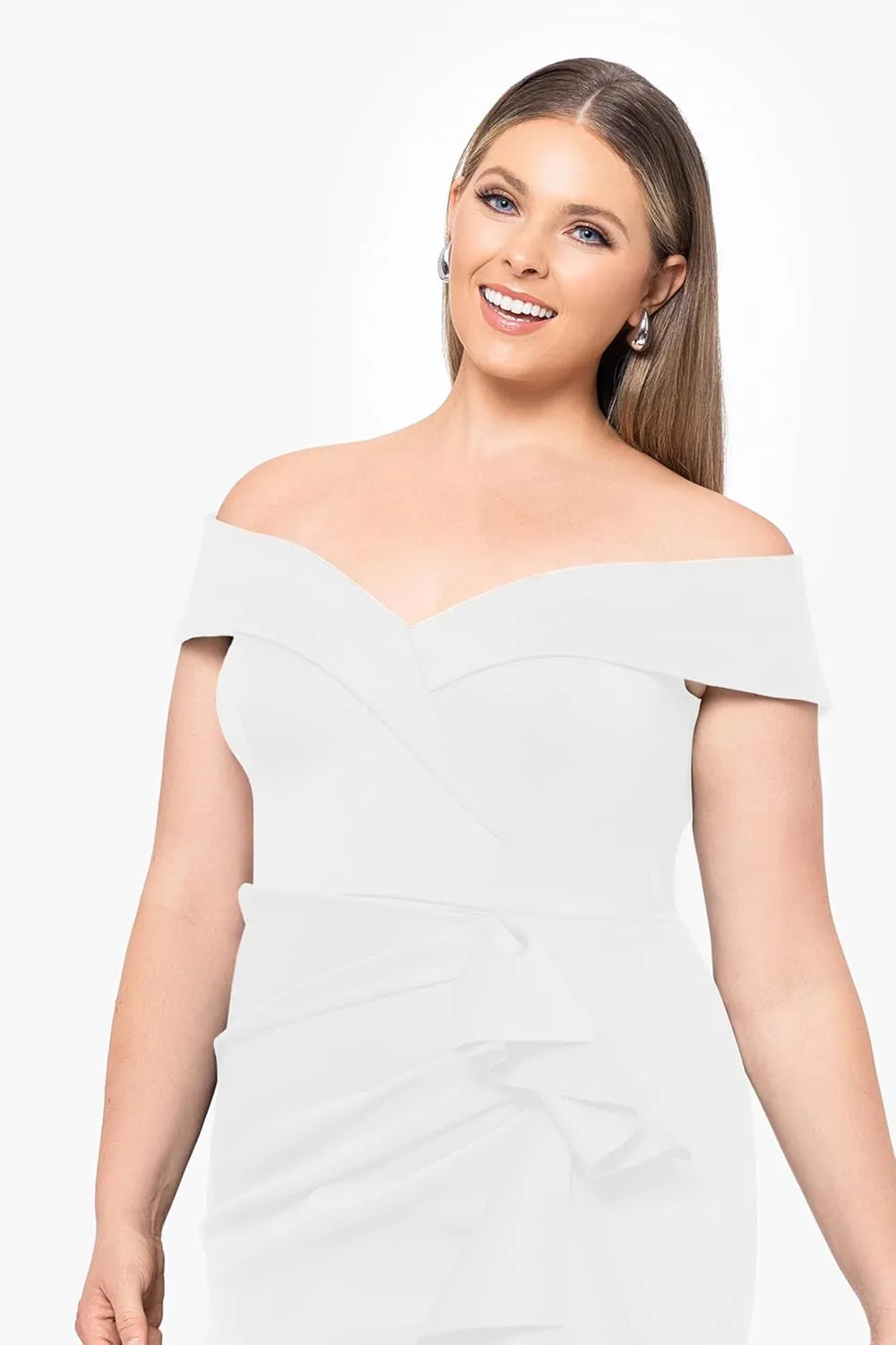 Xscape Women's Plus Short Scuba Off-The-Shoulder Ruffle Midi Dress with Center Back Zipper