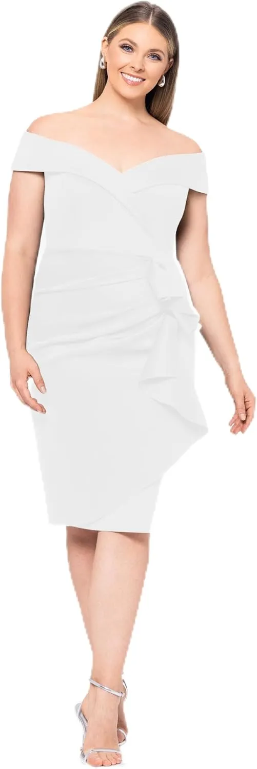 Xscape Women's Plus Short Scuba Off-The-Shoulder Ruffle Midi Dress with Center Back Zipper