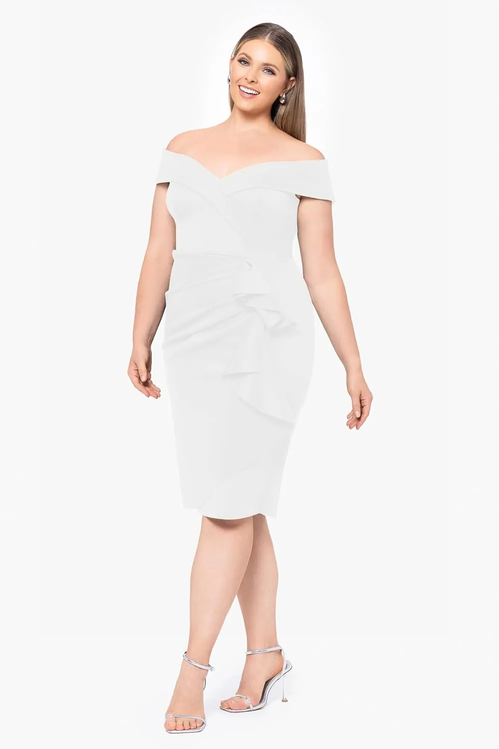 Xscape Women's Plus Short Scuba Off-The-Shoulder Ruffle Midi Dress with Center Back Zipper
