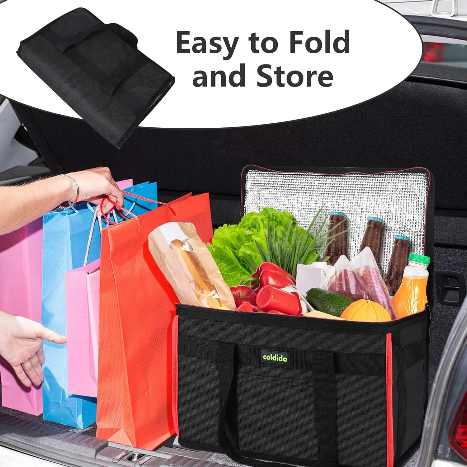 XXXL Insulated Reusable Grocery Bags, Cooler Bags insulated with Hard Bottom Insert Stands Upright, Sturdy Zipper Food Delivery Bag for Warm or Cold