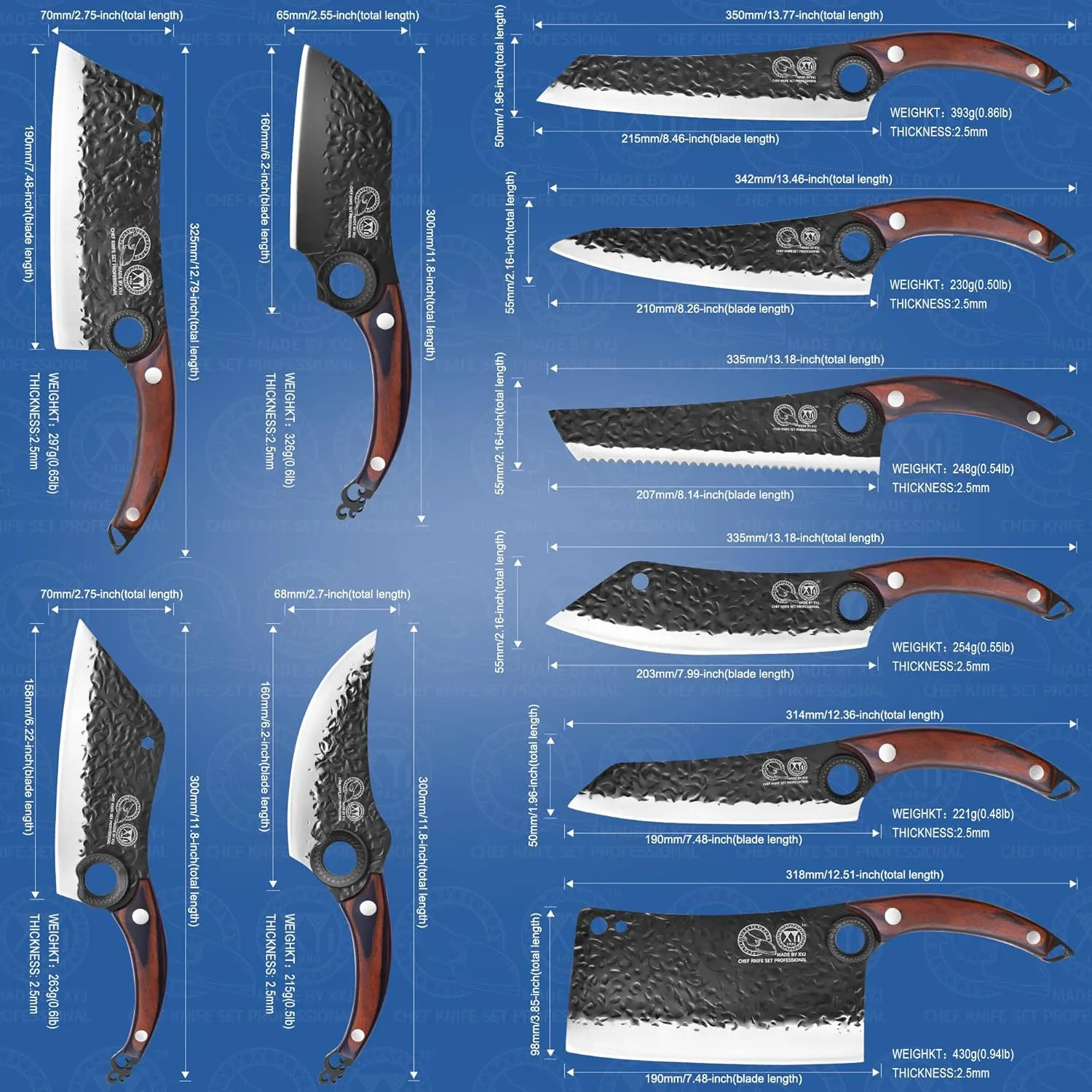 XYJ Professional Kitchen Knife Set with High-Carbon Steel Forged Blades, Chef's Knife, Cleaver, Carving Knife, Nakiri, Full Tang Design, Includes Carrying Bag & Poultry Scissors
