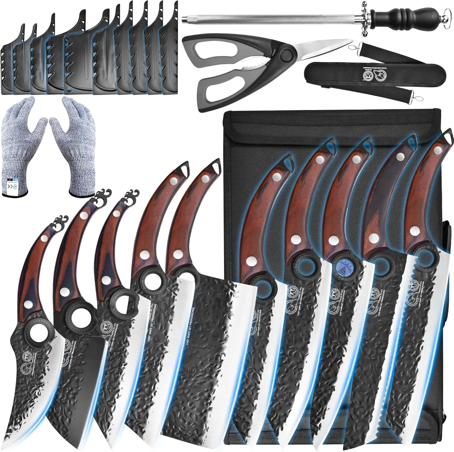 XYJ Professional Kitchen Knife Set with High-Carbon Steel Forged Blades, Chef's Knife, Cleaver, Carving Knife, Nakiri, Full Tang Design, Includes Carrying Bag & Poultry Scissors