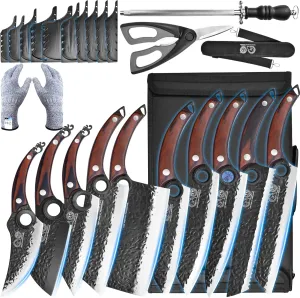 XYJ Professional Kitchen Knife Set with High-Carbon Steel Forged Blades, Chef's Knife, Cleaver, Carving Knife, Nakiri, Full Tang Design, Includes Carrying Bag & Poultry Scissors