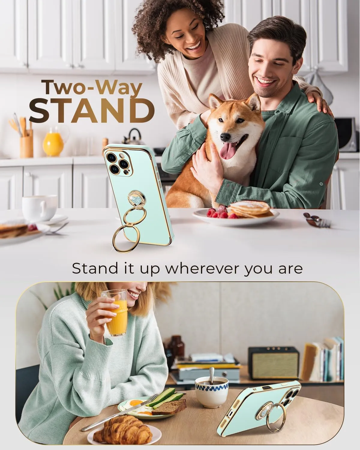 XYZ for iPhone 16 Pro Case with Stand, Phone Case with Double Ring Kickstand, Women Girls Bling Luxury Protective Case Heart for iPhone 16 Pro, Green