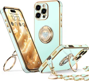 XYZ for iPhone 16 Pro Case with Stand, Phone Case with Double Ring Kickstand, Women Girls Bling Luxury Protective Case Heart for iPhone 16 Pro, Green