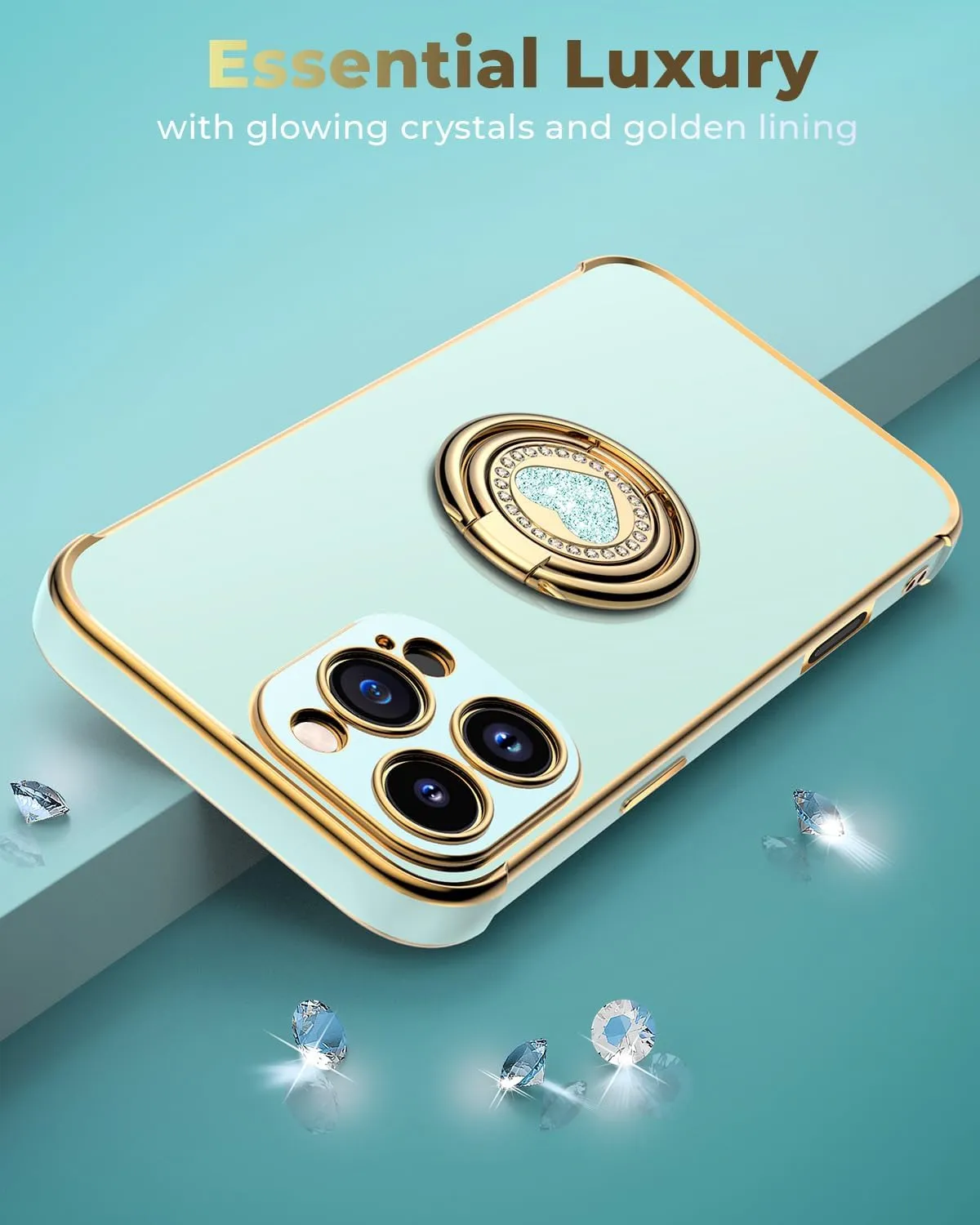 XYZ for iPhone 16 Pro Case with Stand, Phone Case with Double Ring Kickstand, Women Girls Bling Luxury Protective Case Heart for iPhone 16 Pro, Green