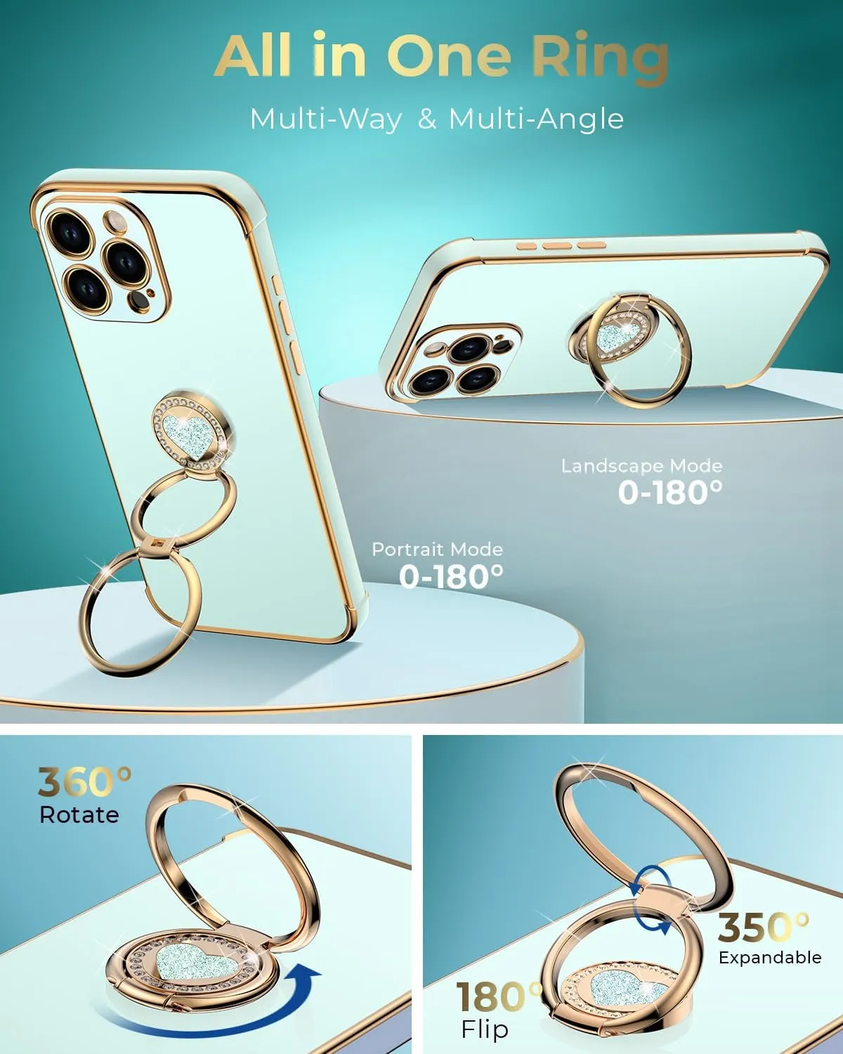 XYZ for iPhone 16 Pro Case with Stand, Phone Case with Double Ring Kickstand, Women Girls Bling Luxury Protective Case Heart for iPhone 16 Pro, Green
