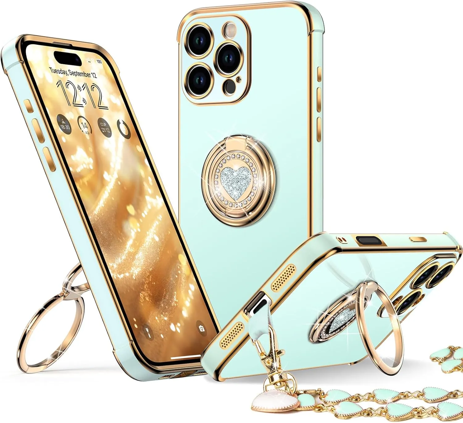 XYZ for iPhone 16 Pro Case with Stand, Phone Case with Double Ring Kickstand, Women Girls Bling Luxury Protective Case Heart for iPhone 16 Pro, Green