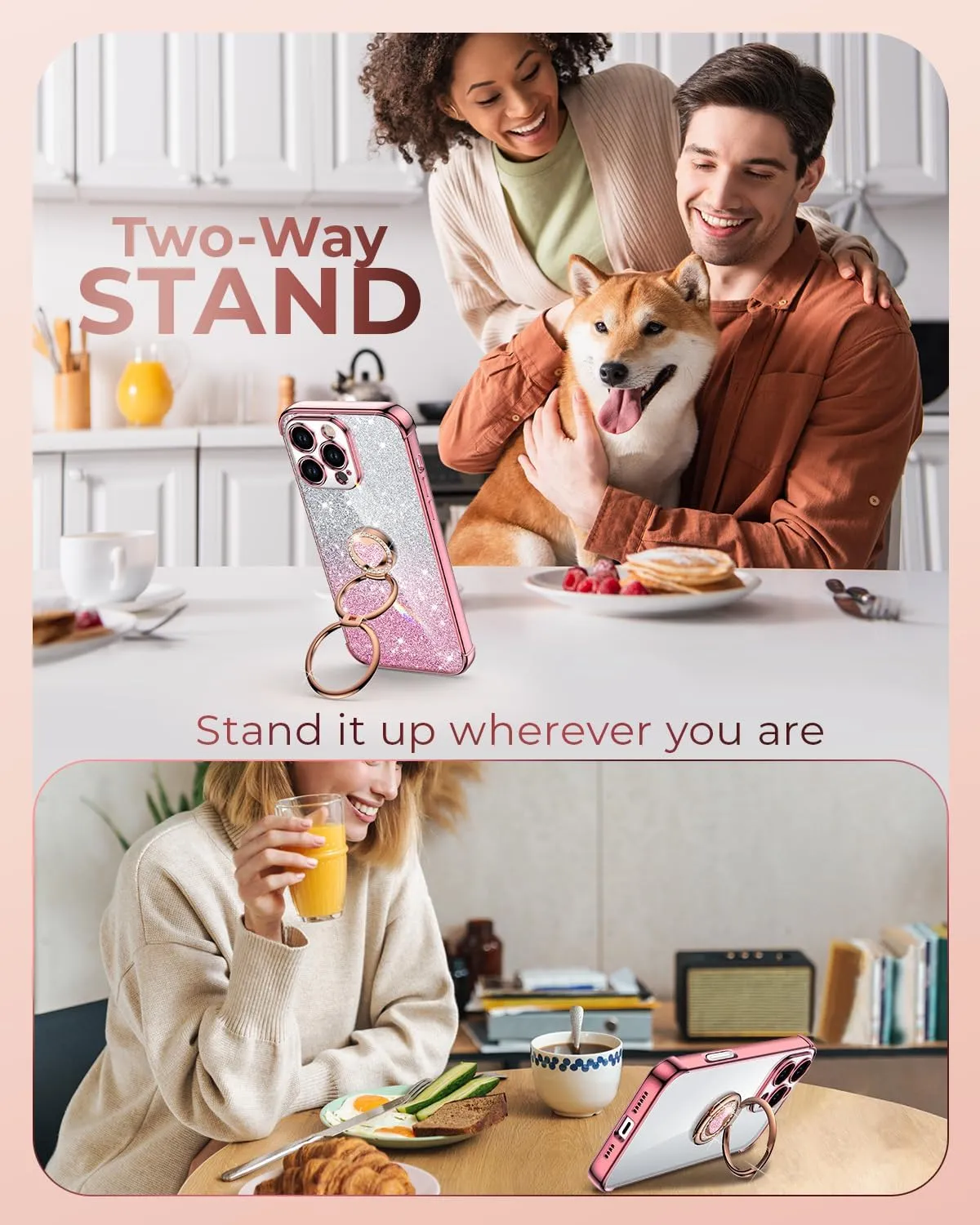 XYZ for iPhone 16 Pro Case with Stand, Phone Case with Double Ring Kickstand, Women Girls Cute Love-Heart Luxury Bling Protective Case Heart for iPhone 16 Pro 6.3 inch, Rose Gold