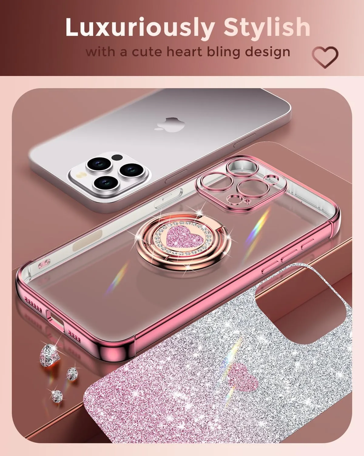 XYZ for iPhone 16 Pro Case with Stand, Phone Case with Double Ring Kickstand, Women Girls Cute Love-Heart Luxury Bling Protective Case Heart for iPhone 16 Pro 6.3 inch, Rose Gold