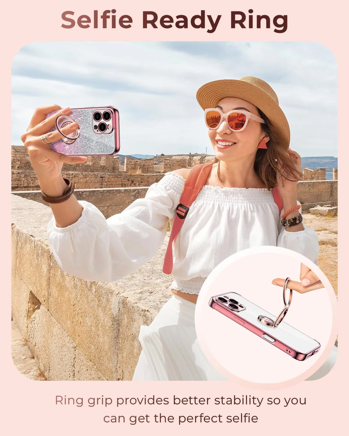 XYZ for iPhone 16 Pro Case with Stand, Phone Case with Double Ring Kickstand, Women Girls Cute Love-Heart Luxury Bling Protective Case Heart for iPhone 16 Pro 6.3 inch, Rose Gold