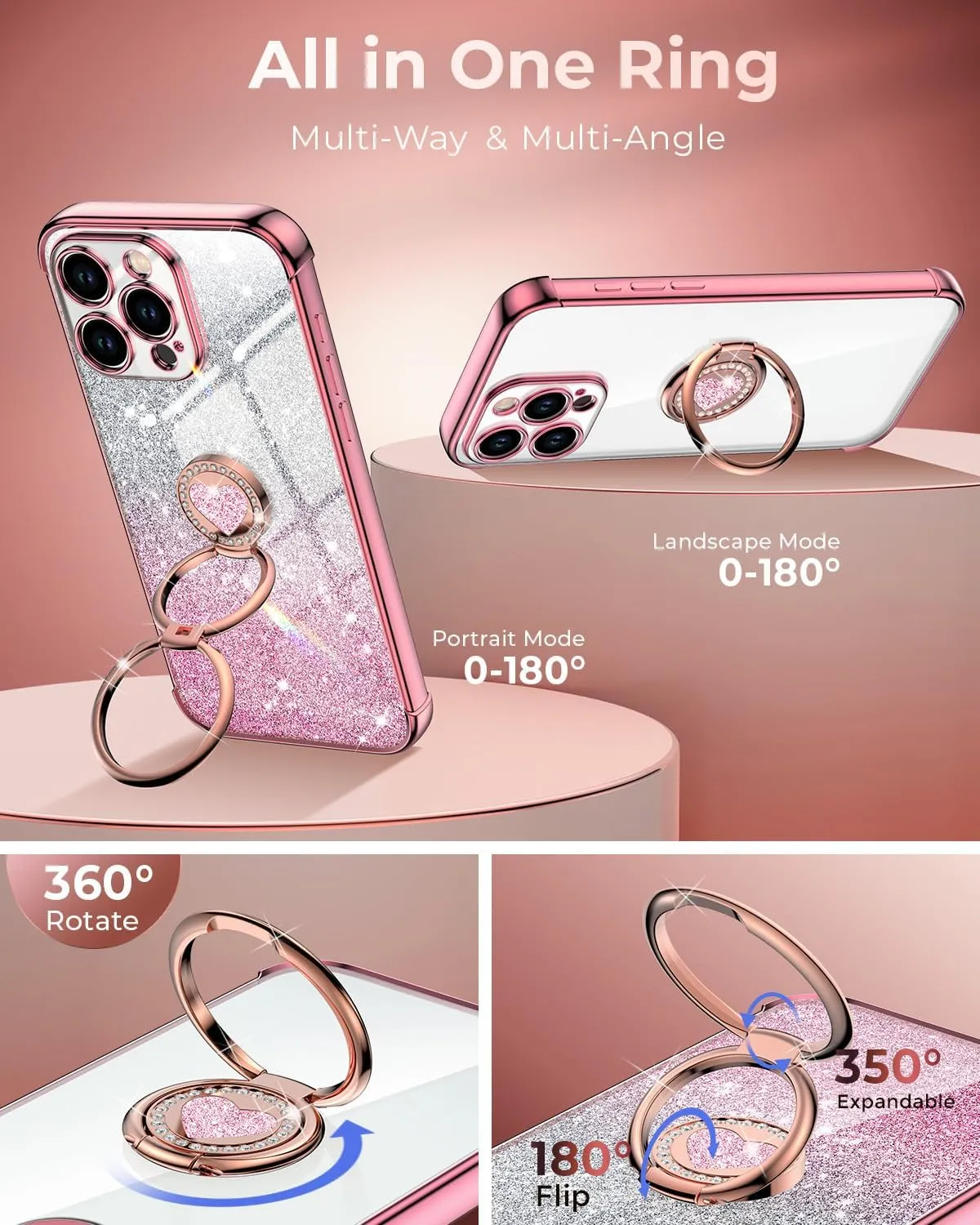 XYZ for iPhone 16 Pro Case with Stand, Phone Case with Double Ring Kickstand, Women Girls Cute Love-Heart Luxury Bling Protective Case Heart for iPhone 16 Pro 6.3 inch, Rose Gold