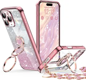 XYZ for iPhone 16 Pro Case with Stand, Phone Case with Double Ring Kickstand, Women Girls Cute Love-Heart Luxury Bling Protective Case Heart for iPhone 16 Pro 6.3 inch, Rose Gold