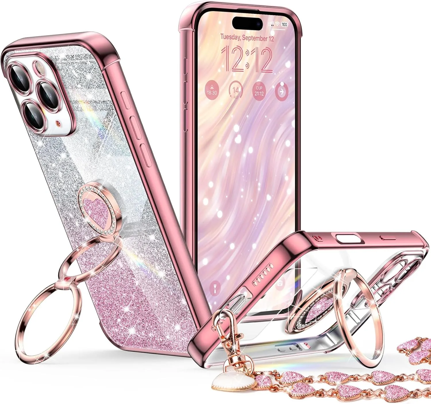 XYZ for iPhone 16 Pro Case with Stand, Phone Case with Double Ring Kickstand, Women Girls Cute Love-Heart Luxury Bling Protective Case Heart for iPhone 16 Pro 6.3 inch, Rose Gold