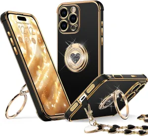 XYZ for 𝐢𝐏𝐡𝐨𝐧𝐞 𝟏𝟔 𝐏𝐫𝐨 𝐂𝐚𝐬𝐞 with Stand, Phone Case with Double Ring Kickstand, Women Girls Bling Luxury Protective Case Heart for 𝐢𝐏𝐡𝐨𝐧𝐞 𝟏𝟔 𝐏𝐫𝐨, Black