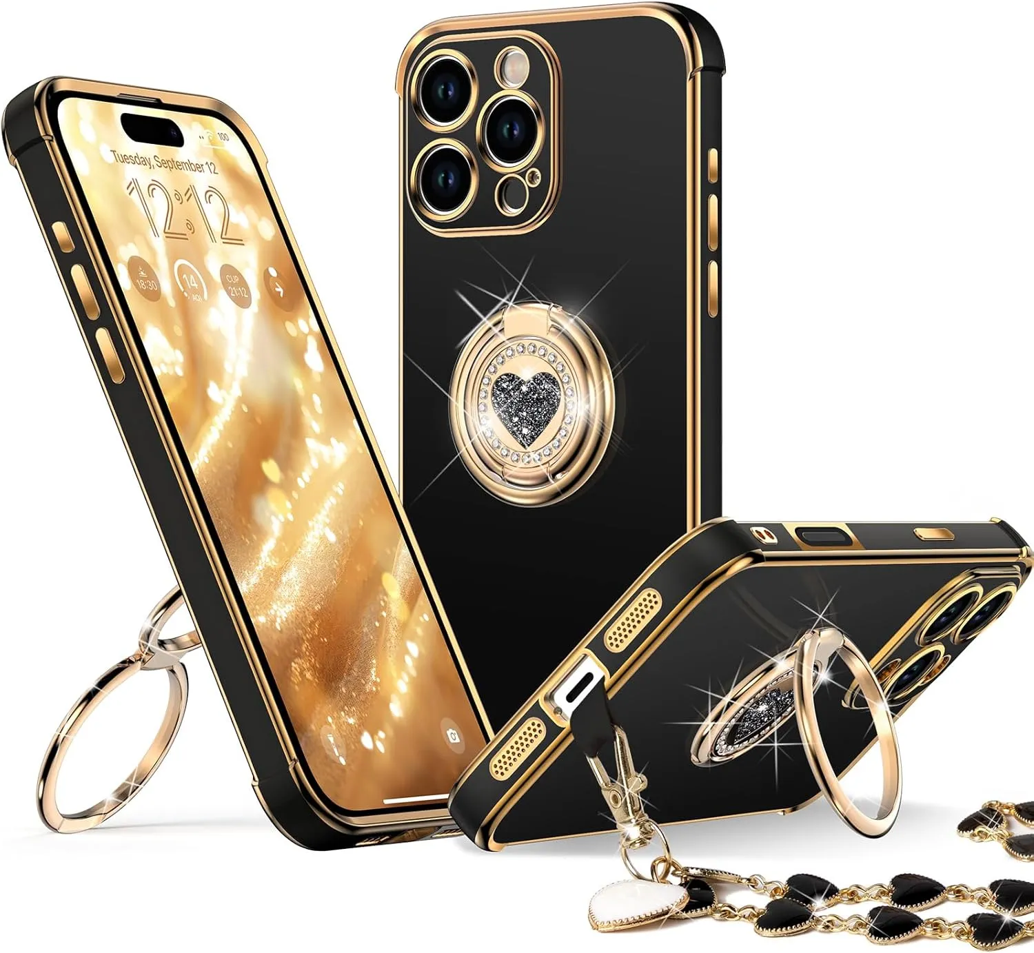 XYZ for 𝐢𝐏𝐡𝐨𝐧𝐞 𝟏𝟔 𝐏𝐫𝐨 𝐂𝐚𝐬𝐞 with Stand, Phone Case with Double Ring Kickstand, Women Girls Bling Luxury Protective Case Heart for 𝐢𝐏𝐡𝐨𝐧𝐞 𝟏𝟔 𝐏𝐫𝐨, Black