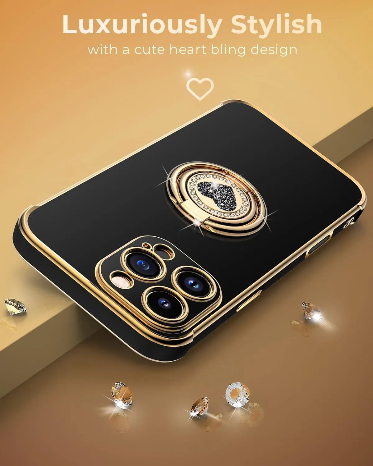 XYZ for 𝐢𝐏𝐡𝐨𝐧𝐞 𝟏𝟔 𝐏𝐫𝐨 𝐂𝐚𝐬𝐞 with Stand, Phone Case with Double Ring Kickstand, Women Girls Bling Luxury Protective Case Heart for 𝐢𝐏𝐡𝐨𝐧𝐞 𝟏𝟔 𝐏𝐫𝐨, Black