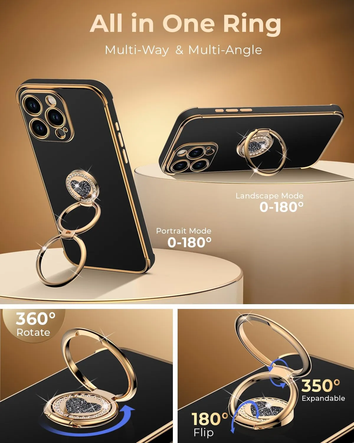 XYZ for 𝐢𝐏𝐡𝐨𝐧𝐞 𝟏𝟔 𝐏𝐫𝐨 𝐂𝐚𝐬𝐞 with Stand, Phone Case with Double Ring Kickstand, Women Girls Bling Luxury Protective Case Heart for 𝐢𝐏𝐡𝐨𝐧𝐞 𝟏𝟔 𝐏𝐫𝐨, Black