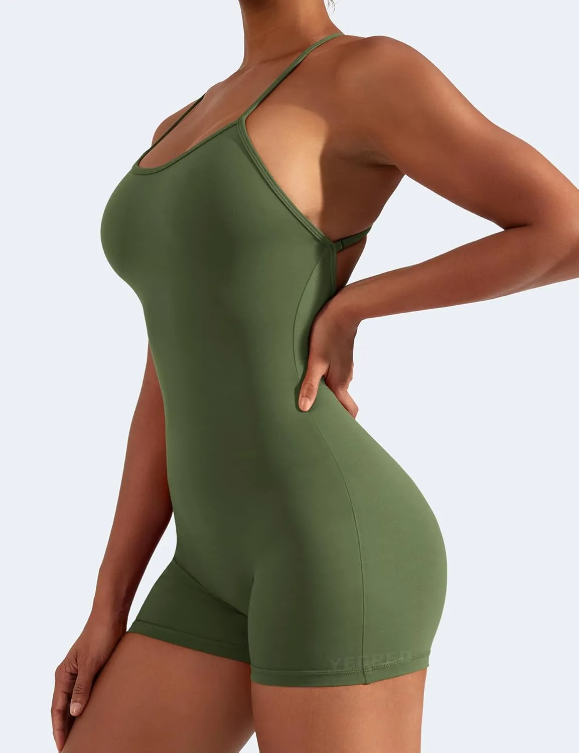 YEOREO Backless Tummy Control Jumpsuits for Women One Piece Workout Jumpsuits Sleeveless V Back Lizvette Scrunch Yoga Rompers