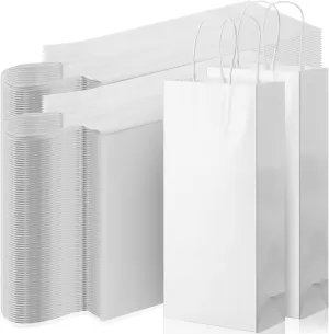 Yexiya 200 Pcs Paper Wine Bags Bulk with Handle White Wine Kraft Bags for Bottles Gifts Wedding Birthday Housewarming Party, 6 x 3 x 13 Inch