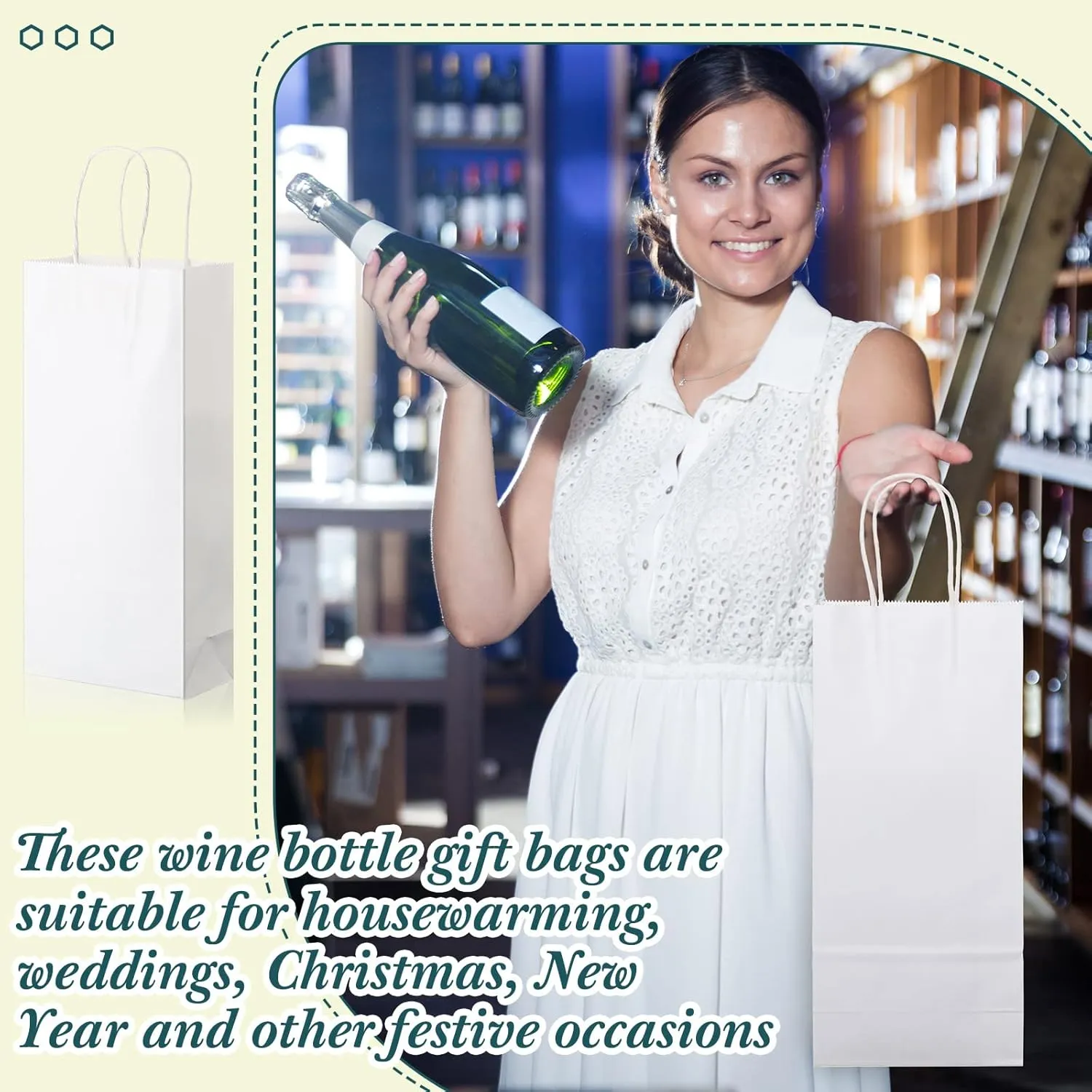 Yexiya 200 Pcs Paper Wine Bags Bulk with Handle White Wine Kraft Bags for Bottles Gifts Wedding Birthday Housewarming Party, 6 x 3 x 13 Inch