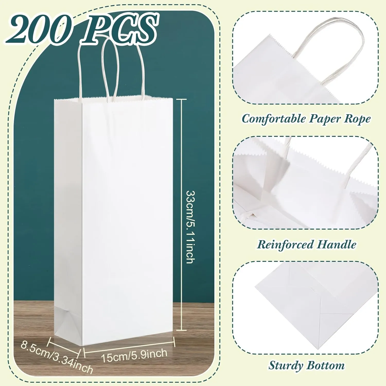 Yexiya 200 Pcs Paper Wine Bags Bulk with Handle White Wine Kraft Bags for Bottles Gifts Wedding Birthday Housewarming Party, 6 x 3 x 13 Inch
