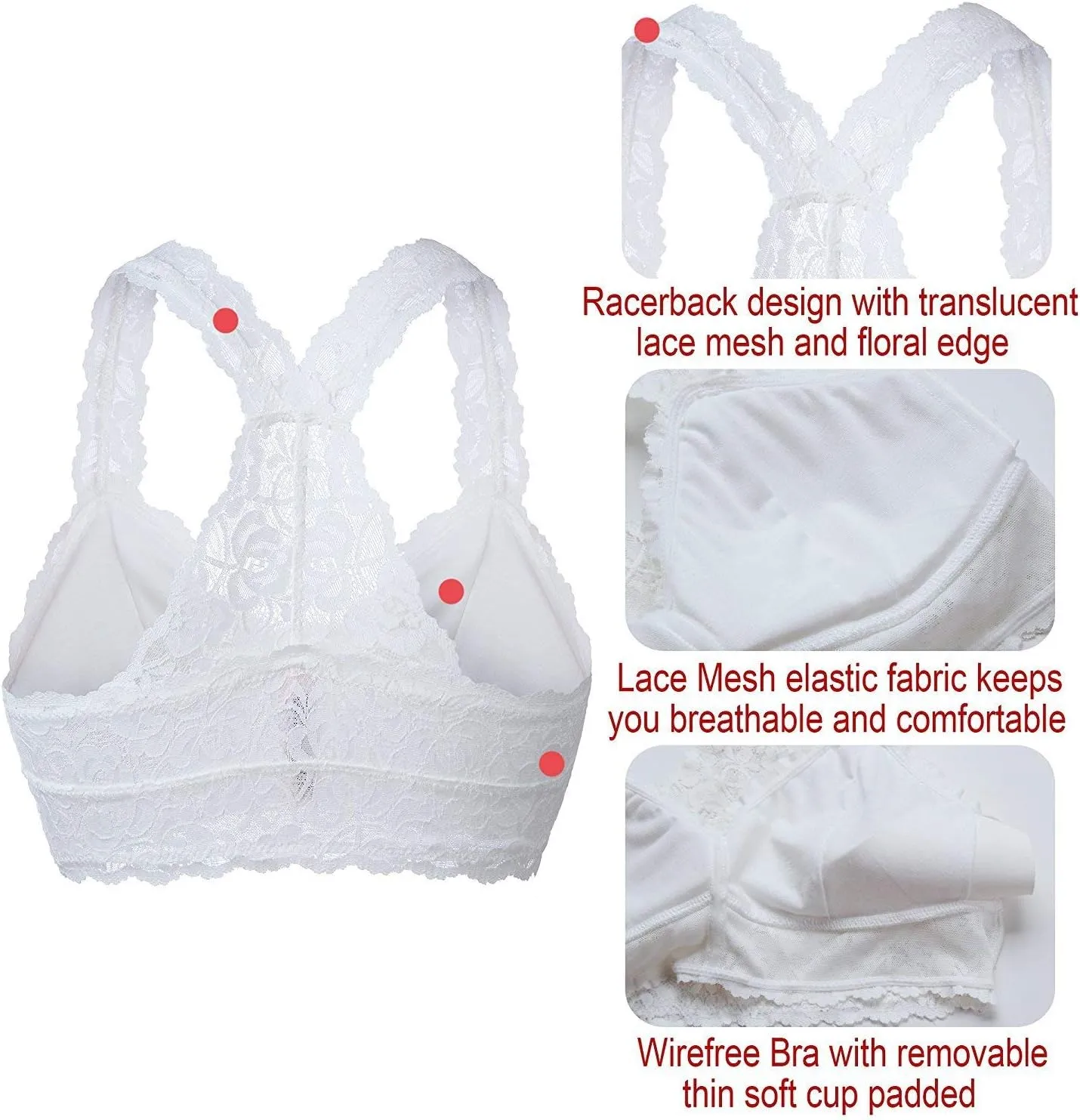 YIANNA Women Floral Lace Bralette Padded Breathable Sexy Racerback Lace Bra